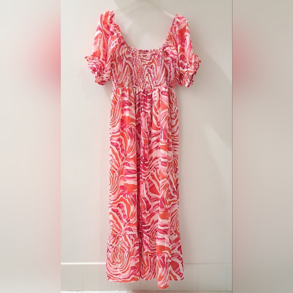 BeachSissi Smocked On or Off The Shoulder Midi Dress in Pink Swirl Sz S NWT - Picture 6 of 15